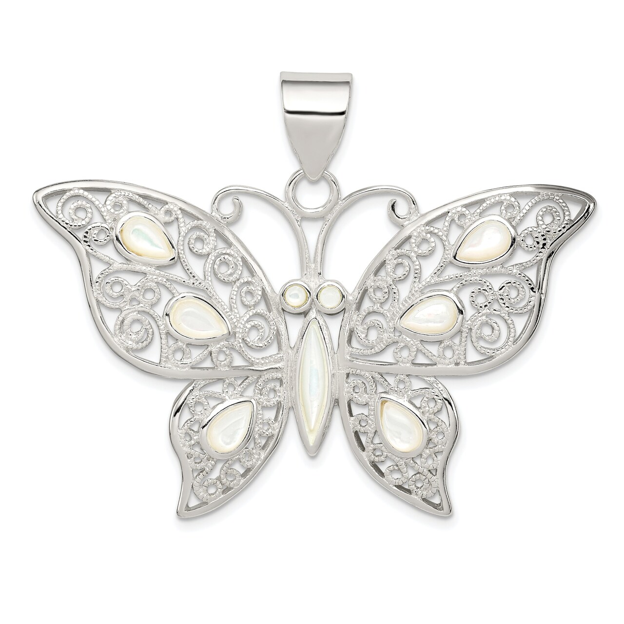 Sterling Silver Mother of Pearl Butterfly Pendant Jewerly 40.3mm x 51.6mm